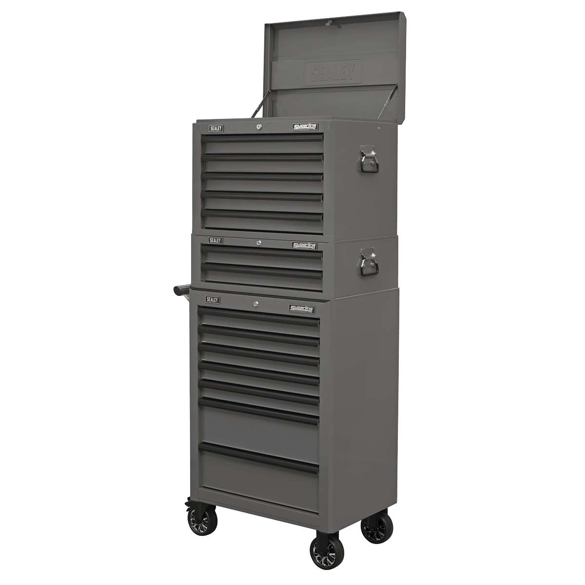 Sealey APSTACKTGR Superline PRO® Topchest, Mid-Box Tool Chest & Rollcab Combination 14 Drawer - Grey - APSTACKTGR - Sealey Tools UK - Trade Counter Direct