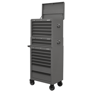 Sealey APSTACKTGR Superline PRO® Topchest, Mid-Box Tool Chest & Rollcab Combination 14 Drawer - Grey - APSTACKTGR - Sealey Tools UK - Trade Counter Direct