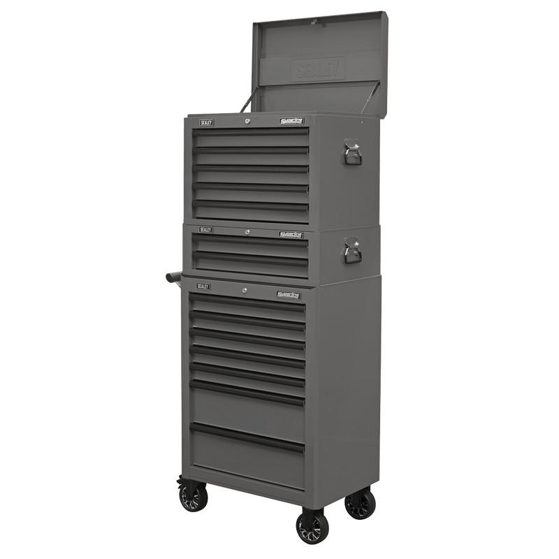 Sealey APSTACKTGR Superline PRO® Topchest, Mid-Box Tool Chest & Rollcab Combination 14 Drawer - Grey - APSTACKTGR - Sealey Tools UK - Trade Counter Direct