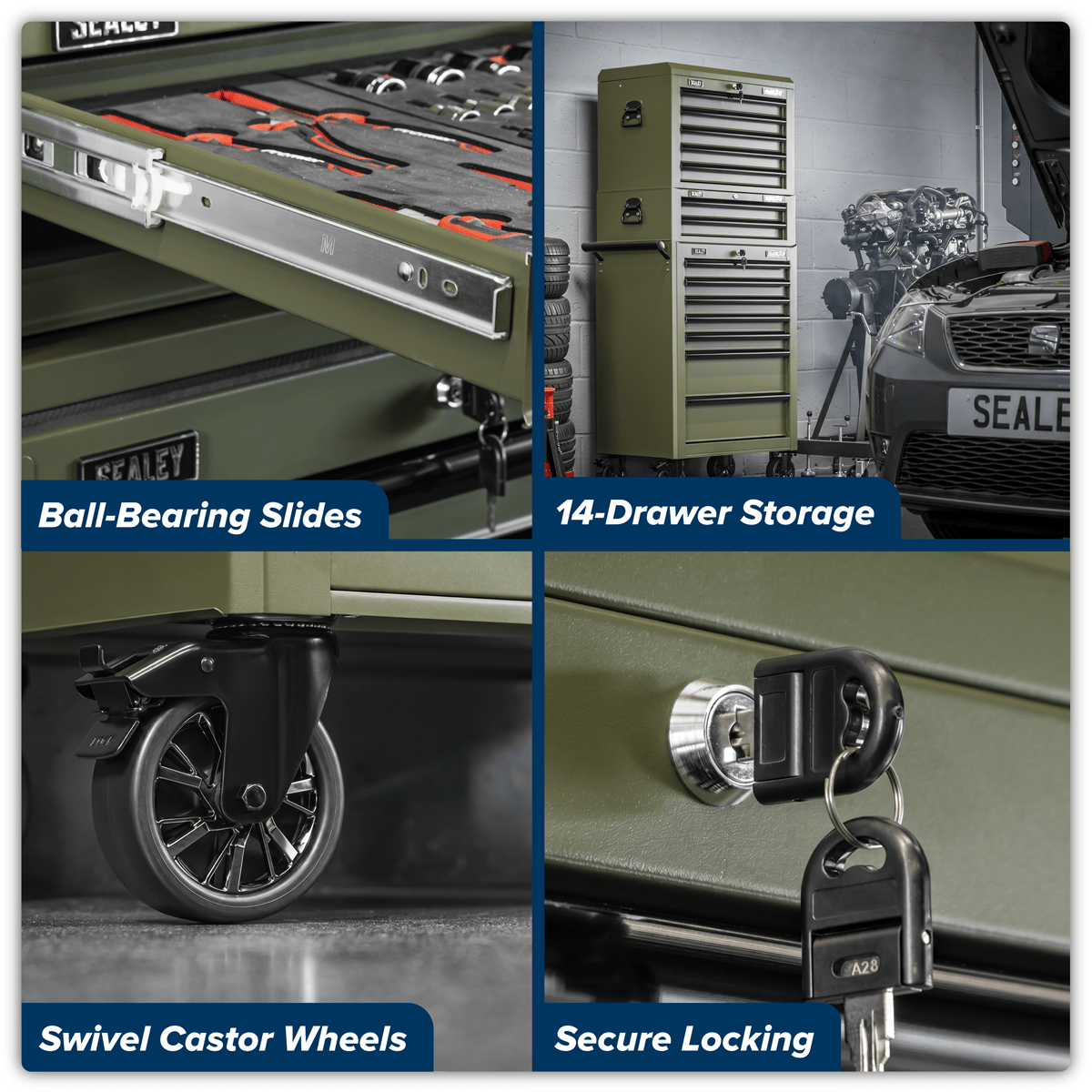 Sealey APSTACKTK Superline PRO® Topchest, Mid-Box Tool Chest & Rollcab Combination 14 Drawer - Khaki - APSTACKTK - Sealey Tools UK - Trade Counter Direct