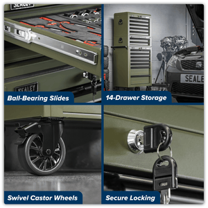 Sealey APSTACKTK Superline PRO® Topchest, Mid-Box Tool Chest & Rollcab Combination 14 Drawer - Khaki - APSTACKTK - Sealey Tools UK - Trade Counter Direct