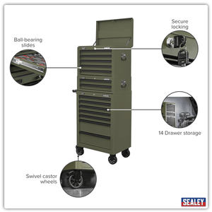 Sealey APSTACKTK Superline PRO® Topchest, Mid-Box Tool Chest & Rollcab Combination 14 Drawer - Khaki - APSTACKTK - Sealey Tools UK - Trade Counter Direct