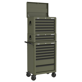 Sealey APSTACKTK Superline PRO® Topchest, Mid-Box Tool Chest & Rollcab Combination 14 Drawer - Khaki - APSTACKTK - Sealey Tools UK - Trade Counter Direct