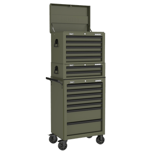 Sealey APSTACKTK Superline PRO® Topchest, Mid-Box Tool Chest & Rollcab Combination 14 Drawer - Khaki - APSTACKTK - Sealey Tools UK - Trade Counter Direct