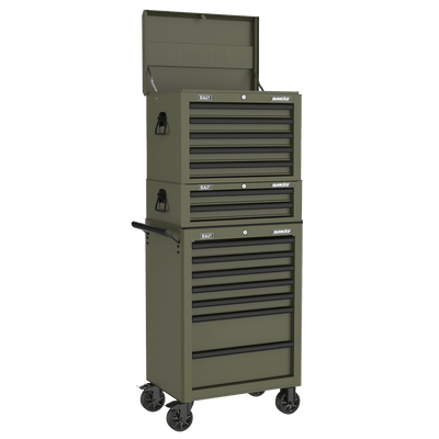 Sealey APSTACKTK Superline PRO® Topchest, Mid-Box Tool Chest & Rollcab Combination 14 Drawer - Khaki - APSTACKTK - Sealey Tools UK - Trade Counter Direct