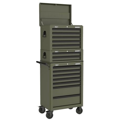 Sealey APSTACKTK Superline PRO® Topchest, Mid-Box Tool Chest & Rollcab Combination 14 Drawer - Khaki - APSTACKTK - Sealey Tools UK - Trade Counter Direct