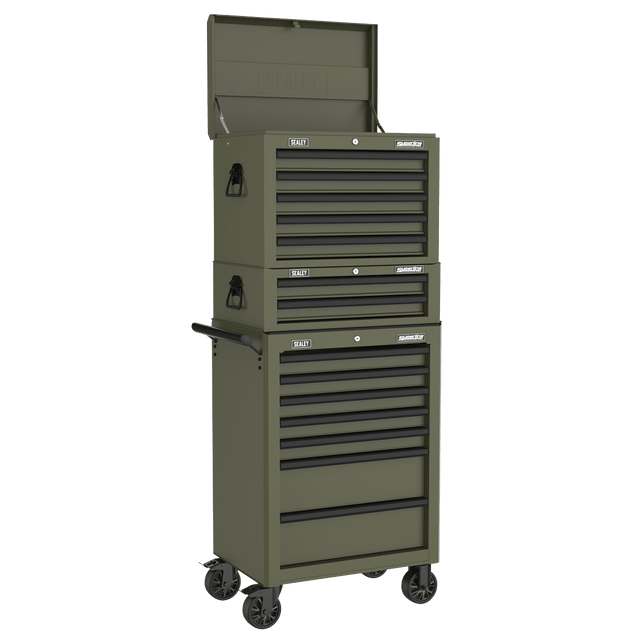 Sealey APSTACKTK Superline PRO® Topchest, Mid-Box Tool Chest & Rollcab Combination 14 Drawer - Khaki - APSTACKTK - Sealey Tools UK - Trade Counter Direct