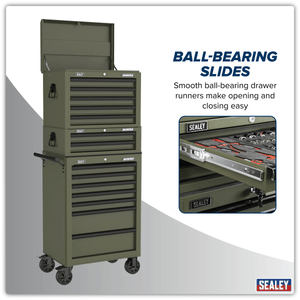 Sealey APSTACKTK Superline PRO® Topchest, Mid-Box Tool Chest & Rollcab Combination 14 Drawer - Khaki - APSTACKTK - Sealey Tools UK - Trade Counter Direct