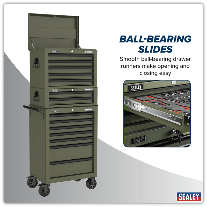 Sealey APSTACKTK Superline PRO® Topchest, Mid-Box Tool Chest & Rollcab Combination 14 Drawer - Khaki - APSTACKTK - Sealey Tools UK - Trade Counter Direct