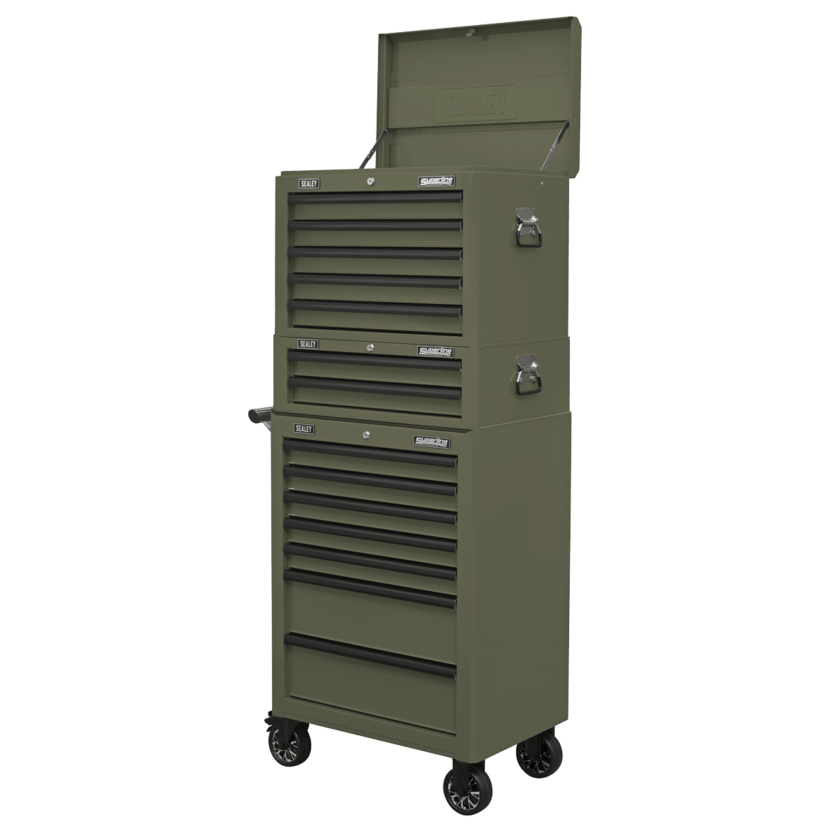 Sealey APSTACKTK Superline PRO® Topchest, Mid-Box Tool Chest & Rollcab Combination 14 Drawer - Khaki - APSTACKTK - Sealey Tools UK - Trade Counter Direct