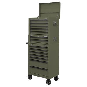 Sealey APSTACKTK Superline PRO® Topchest, Mid-Box Tool Chest & Rollcab Combination 14 Drawer - Khaki - APSTACKTK - Sealey Tools UK - Trade Counter Direct