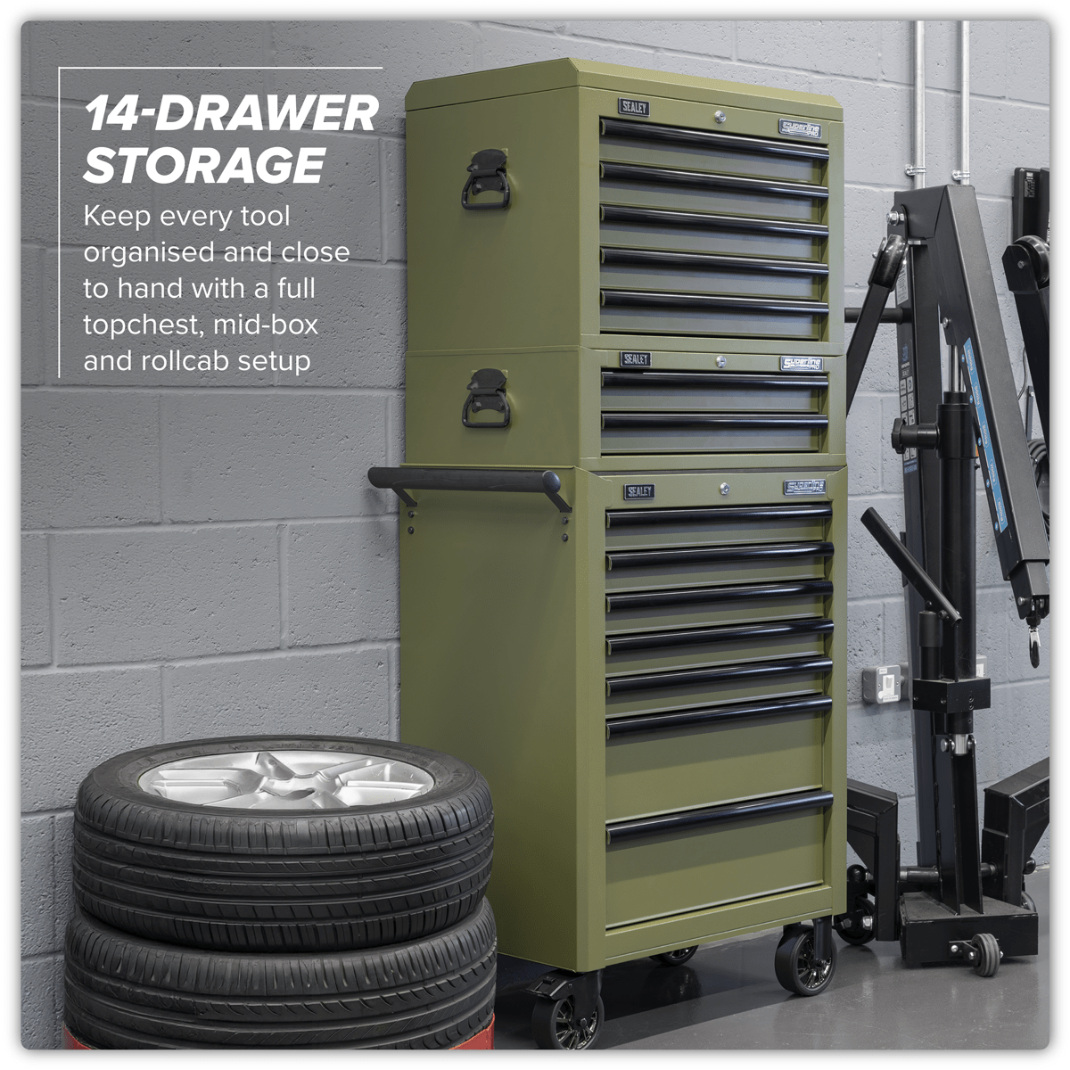 Sealey APSTACKTK Superline PRO® Topchest, Mid-Box Tool Chest & Rollcab Combination 14 Drawer - Khaki - APSTACKTK - Sealey Tools UK - Trade Counter Direct