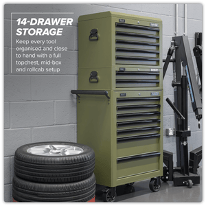Sealey APSTACKTK Superline PRO® Topchest, Mid-Box Tool Chest & Rollcab Combination 14 Drawer - Khaki - APSTACKTK - Sealey Tools UK - Trade Counter Direct