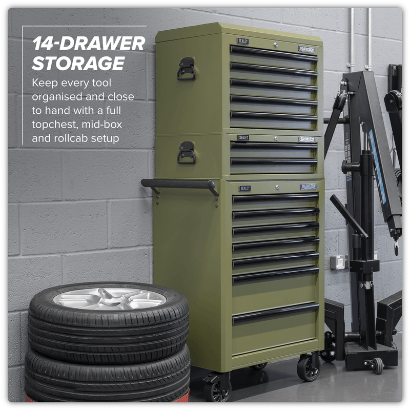 Sealey APSTACKTK Superline PRO® Topchest, Mid-Box Tool Chest & Rollcab Combination 14 Drawer - Khaki - APSTACKTK - Sealey Tools UK - Trade Counter Direct