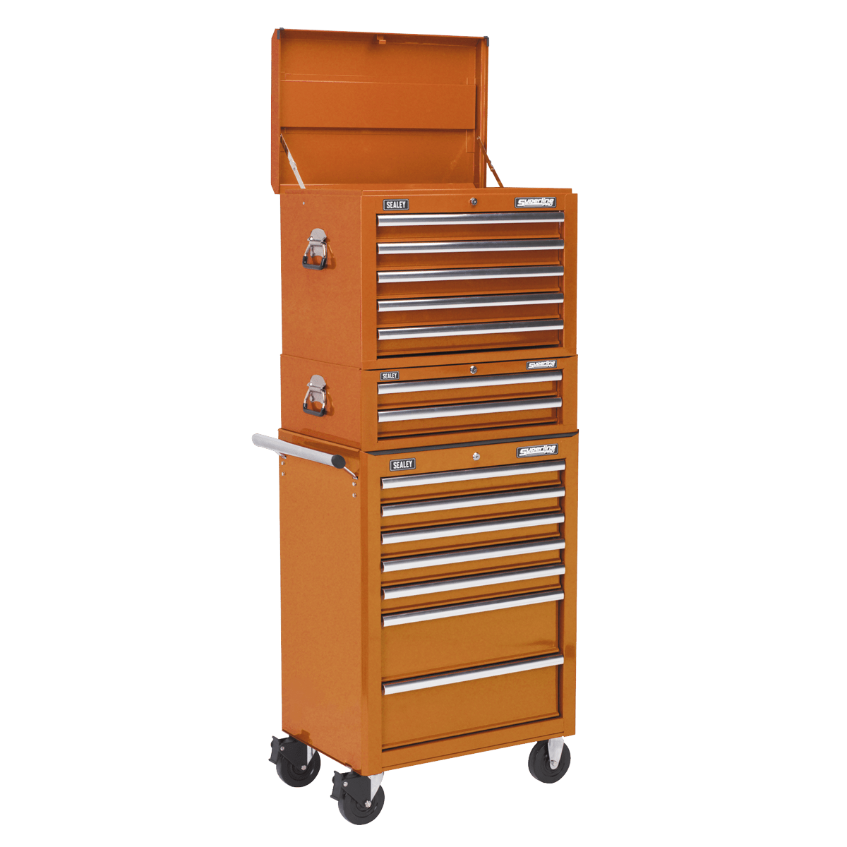 Sealey APSTACKTO Superline PRO® Topchest, Mid-Box Tool Chest & Rollcab Combination 14 Drawer - Orange - APSTACKTO - Sealey Tools UK - Trade Counter Direct