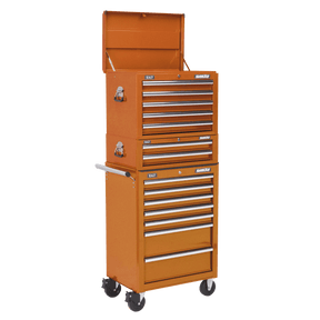 Sealey APSTACKTO Superline PRO® Topchest, Mid-Box Tool Chest & Rollcab Combination 14 Drawer - Orange - APSTACKTO - Sealey Tools UK - Trade Counter Direct