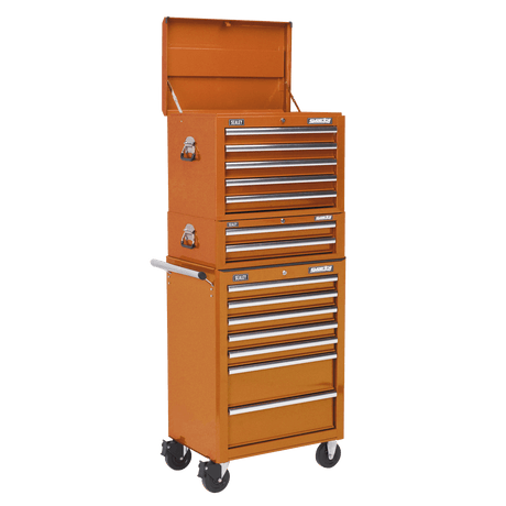 Sealey APSTACKTO Superline PRO® Topchest, Mid-Box Tool Chest & Rollcab Combination 14 Drawer - Orange - APSTACKTO - Sealey Tools UK - Trade Counter Direct