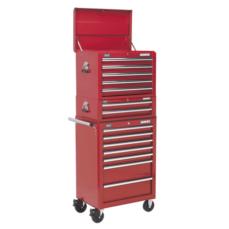 Sealey APSTACKTR Superline PRO® Topchest, Mid-Box Tool Chest & Rollcab Combination 14 Drawer - Red - APSTACKTR - Sealey Tools UK - Trade Counter Direct