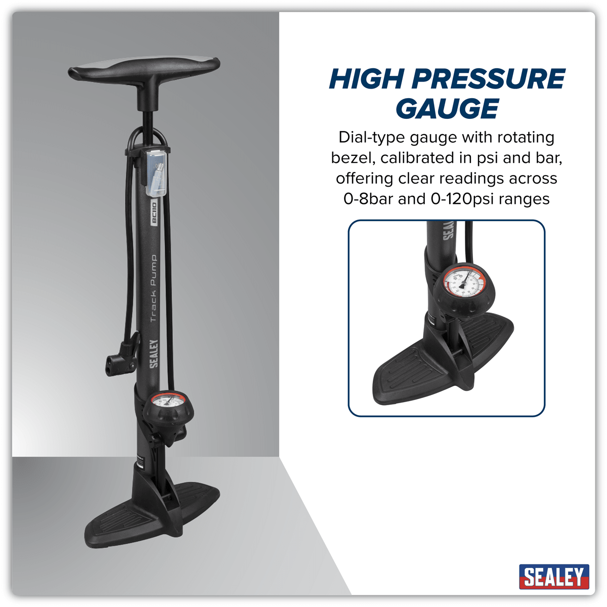 Sealey BC110 Track Pump with Dial Type Pressure Gauge - BC110 - Sealey Tools UK - Trade Counter Direct