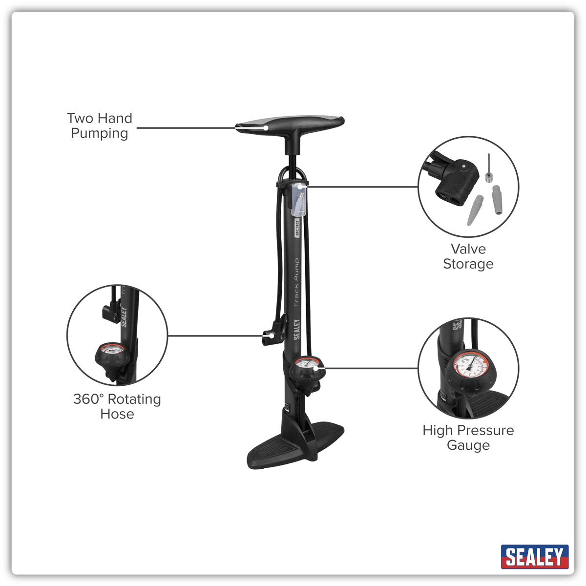 Sealey BC110 Track Pump with Dial Type Pressure Gauge - BC110 - Sealey Tools UK - Trade Counter Direct