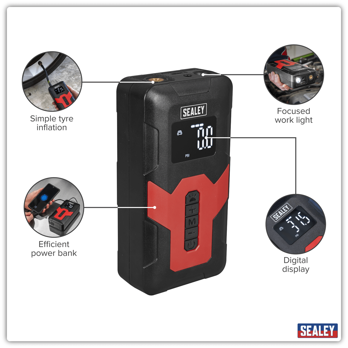 Sealey CTI140 Rechargeable Tyre Inflator & Power Bank with Worklight 12V - CTI140 - Sealey Tools UK - Trade Counter Direct