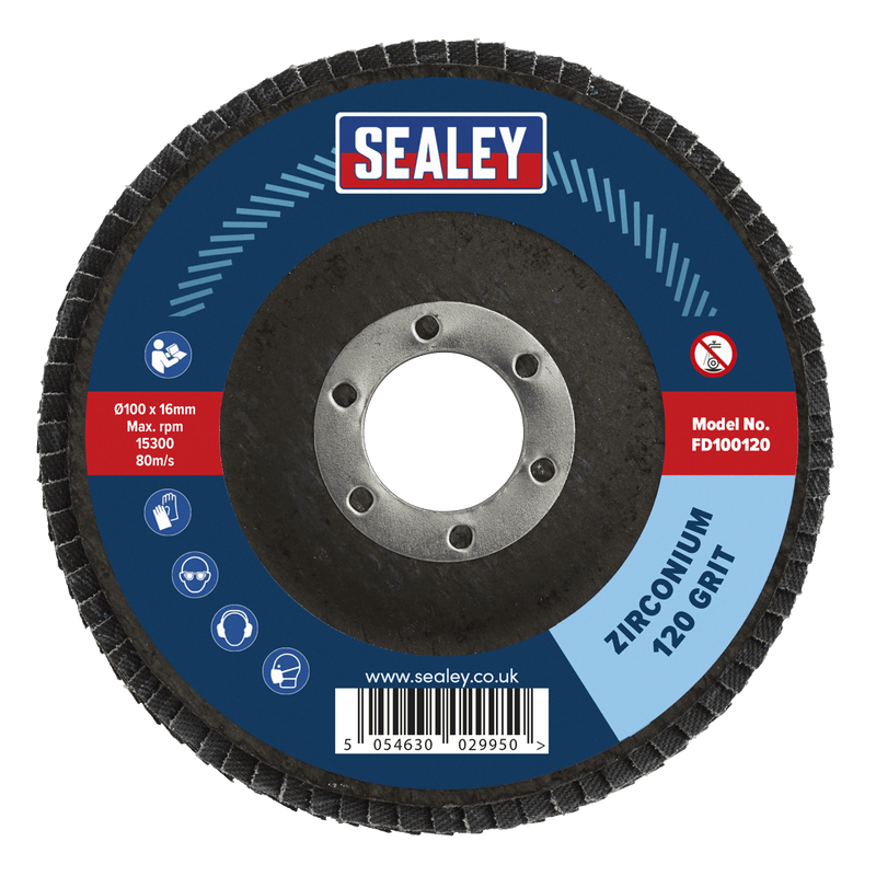 Sealey FD100120 100mm Zirconium Flap Disc 120Grit 16mm Bore - FD100120 - Sealey Tools UK - Trade Counter Direct