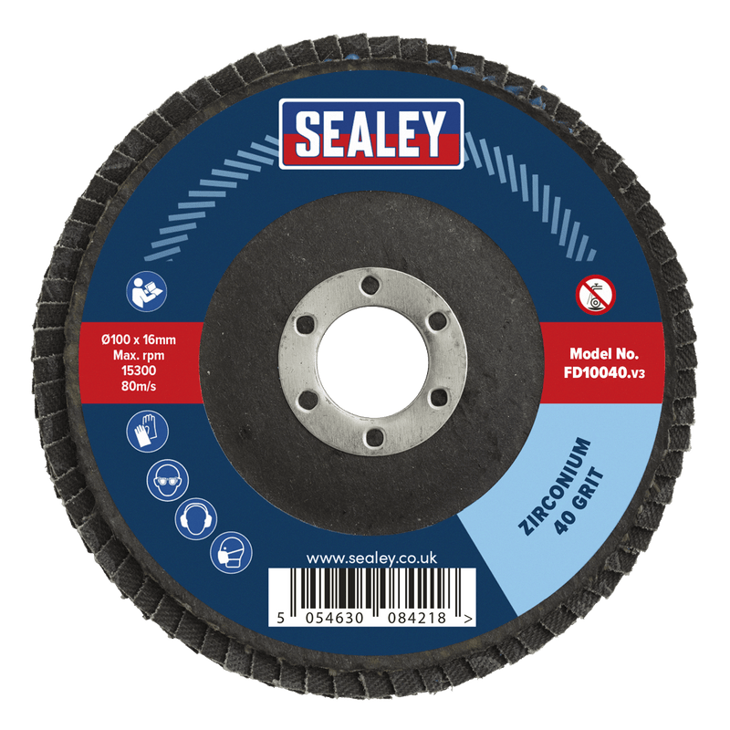 Sealey FD10040 100mm Zirconium Flap Disc 40Grit 16mm Bore - FD10040 - Sealey Tools UK - Trade Counter Direct