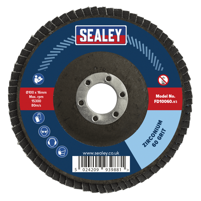 Sealey FD10060 100mm Zirconium Flap Disc 60Grit 16mm Bore - FD10060 - Sealey Tools UK - Trade Counter Direct