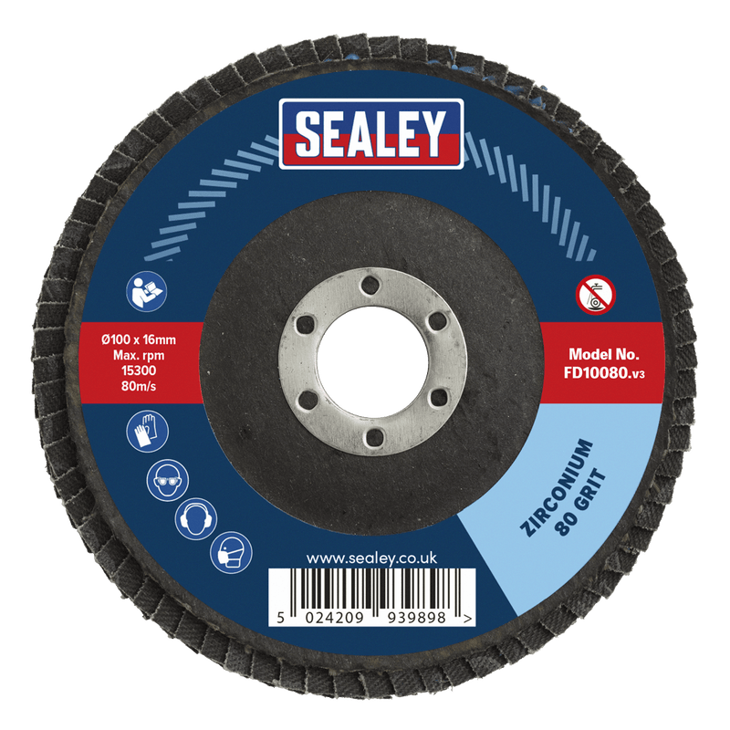 Sealey FD10080 100mm Zirconium Flap Disc 80Grit 16mm Bore - FD10080 - Sealey Tools UK - Trade Counter Direct