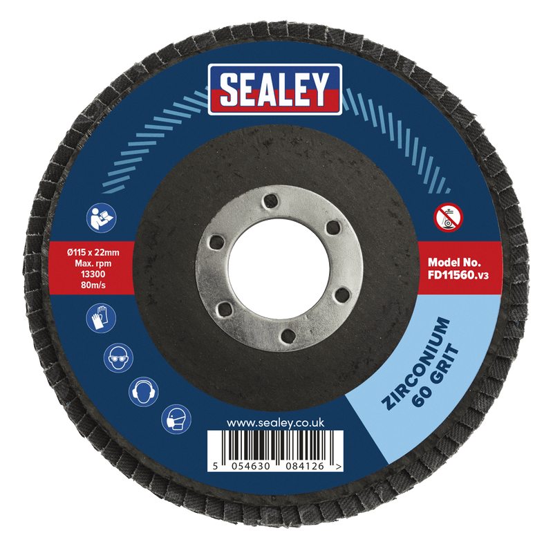 Sealey FD11560 115mm Zirconium Flap Disc 60Grit 22mm Bore - FD11560 - Sealey Tools UK - Trade Counter Direct