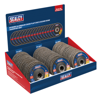 Sealey FD115EMIXDB 115mm Aluminium Oxide Flap Discs Assorted Grit 22mm Bore - Display Box of 60 - FD115EMIXDB - Sealey Tools UK - Trade Counter Direct