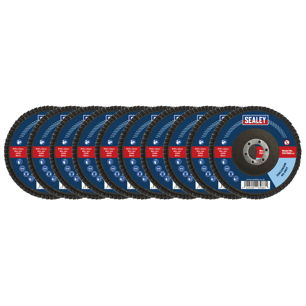 Sealey FD115MIX Assorted Grit Flap Discs Zirconium Ø115mm Ø22mm Bore - Pack of 10 - FD115MIX - Sealey Tools UK - Trade Counter Direct
