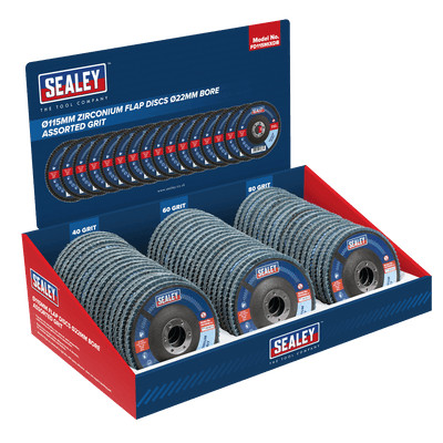 Sealey FD115MIXDB Assorted Grit Flap Discs Zirconium Ø115mm Ø22mm Bore - Display Box of 60 - FD115MIXDB - Sealey Tools UK - Trade Counter Direct