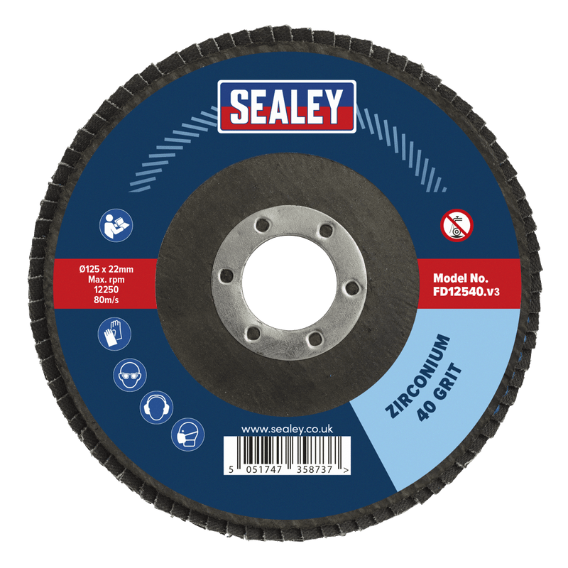 Sealey FD12540 125mm Zirconium Flap Disc 40Grit 22mm Bore - FD12540 - Sealey Tools UK - Trade Counter Direct