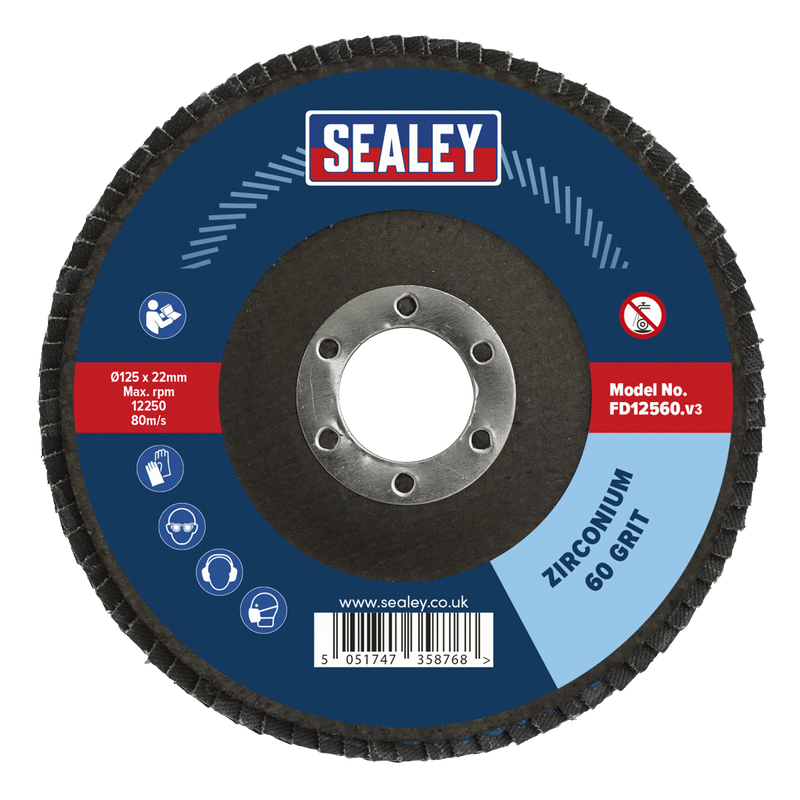 Sealey FD12560 125mm Zirconium Flap Disc 60Grit 22mm Bore - FD12560 - Sealey Tools UK - Trade Counter Direct