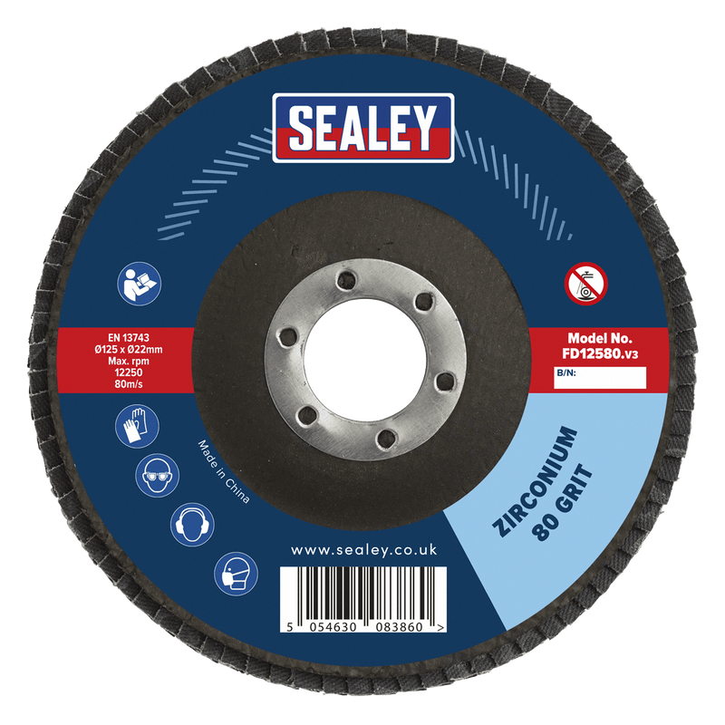 Sealey FD12580 125mm Zirconium Flap Disc 80Grit 22mm Bore - FD12580 - Sealey Tools UK - Trade Counter Direct