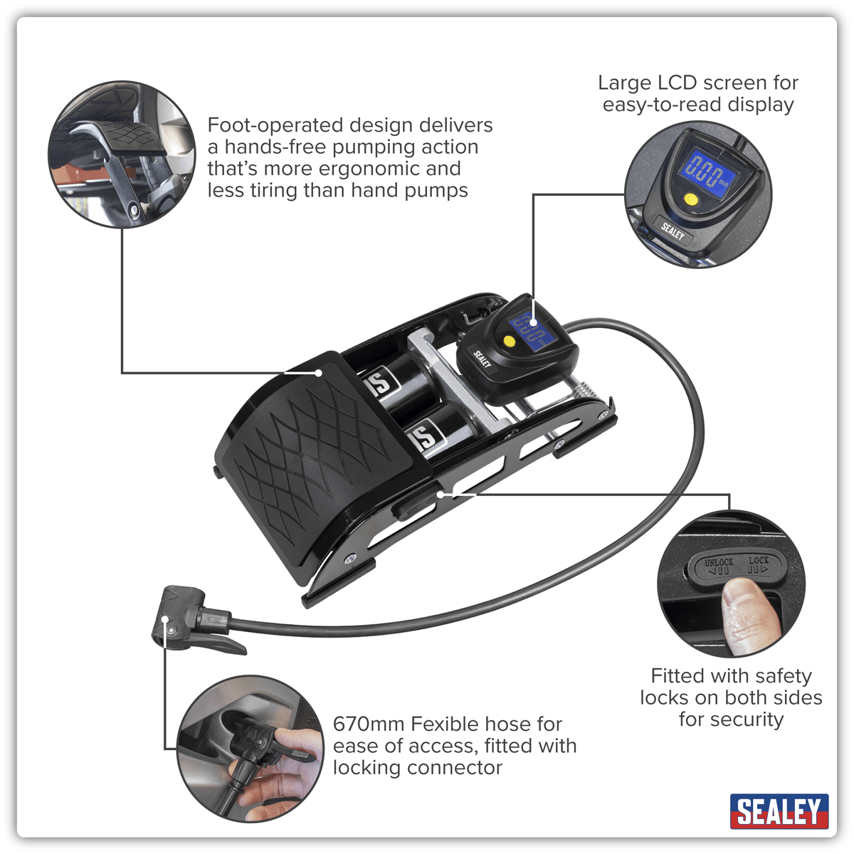 Sealey FP9D Twin Barrel Digital Foot Pump - FP9D - Sealey Tools UK - Trade Counter Direct