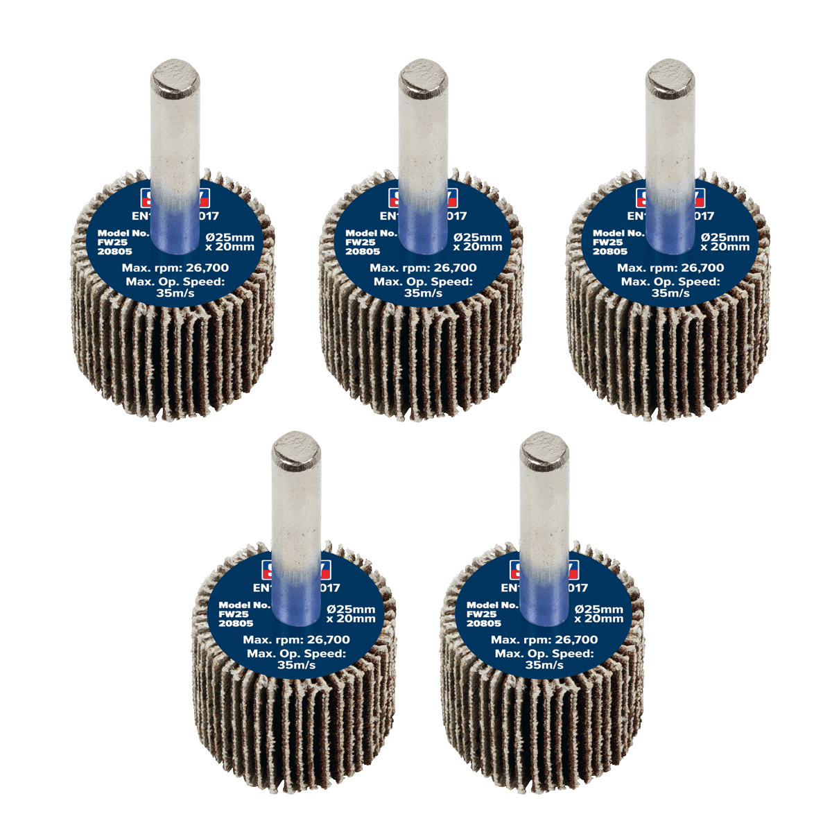 Sealey FW2520805 Flap Wheel Ø25 x 20mm 80Grit Ø6mm Shaft - Pack of 5 - FW2520805 - Sealey Tools UK - Trade Counter Direct