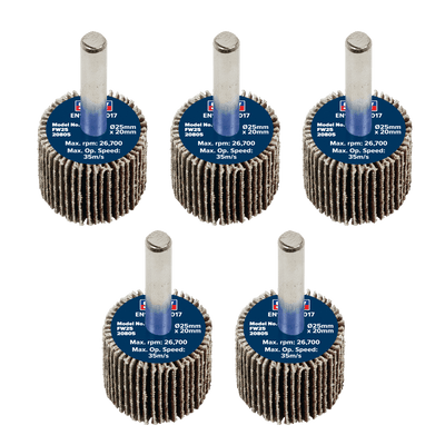 Sealey FW2520805 Flap Wheel Ø25 x 20mm 80Grit Ø6mm Shaft - Pack of 5 - FW2520805 - Sealey Tools UK - Trade Counter Direct