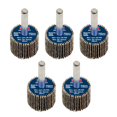 Sealey FW2520805 Flap Wheel Ø25 x 20mm 80Grit Ø6mm Shaft - Pack of 5 - FW2520805 - Sealey Tools UK - Trade Counter Direct