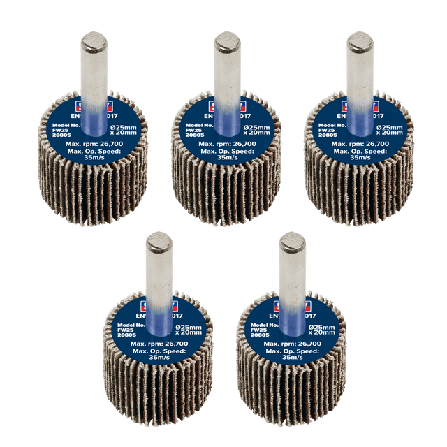 Sealey FW2520805 Flap Wheel Ø25 x 20mm 80Grit Ø6mm Shaft - Pack of 5 - FW2520805 - Sealey Tools UK - Trade Counter Direct