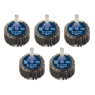 Sealey FW4020ASS 40 x 20mm Abrasive Flap Wheel with 6mm Shaft Assorted Grit - Pack of 5 - FW4020ASS - Sealey Tools UK - Trade Counter Direct