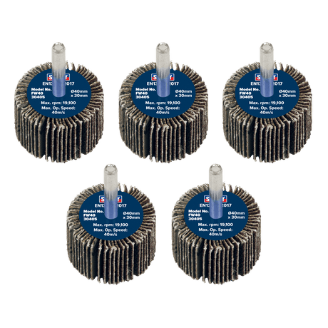 Sealey FW4030405 Flap Wheel Ø40 x 30mm 40Grit Ø6mm Shaft - Pack of 5 - FW4030405 - Sealey Tools UK - Trade Counter Direct