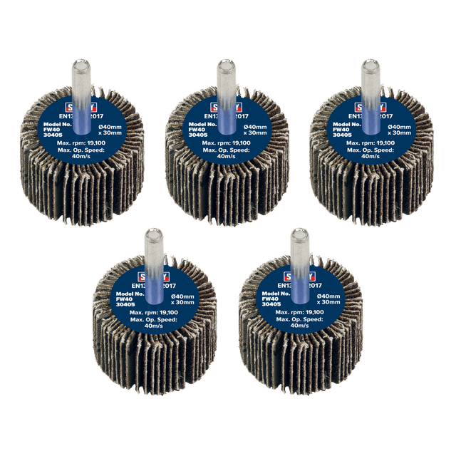 Sealey FW4030405 Flap Wheel Ø40 x 30mm 40Grit Ø6mm Shaft - Pack of 5 - FW4030405 - Sealey Tools UK - Trade Counter Direct