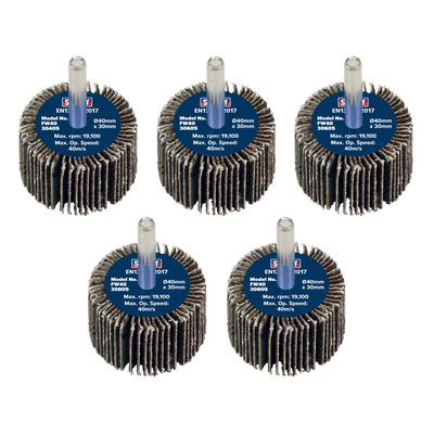 Sealey FW4030ASS 40 x 30mm Abrasive Flap Wheel with 6mm Shaft Assorted Grit - Pack of 5 - FW4030ASS - Sealey Tools UK - Trade Counter Direct