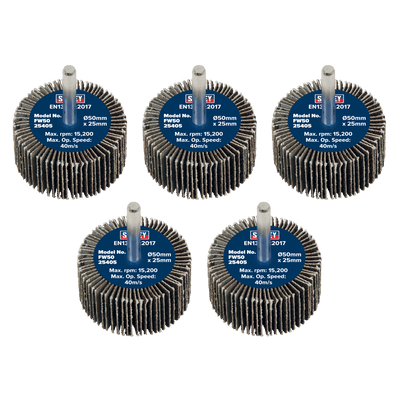 Sealey FW5025405 50 x 25mm Abrasive Flap Wheel with 6mm Shaft 40Grit - Pack of 5 - FW5025405 - Sealey Tools UK - Trade Counter Direct