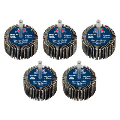 Sealey FW5025605 50 x 25mm Abrasive Flap Wheel with 6mm Shaft 60Grit - Pack of 5 - FW5025605 - Sealey Tools UK - Trade Counter Direct