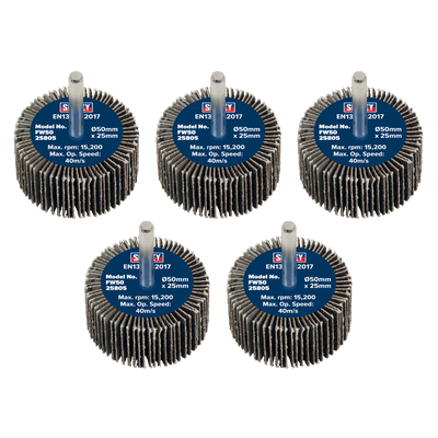 Sealey FW5025805 50 x 25mm Abrasive Flap Wheel with 6mm Shaft 80Grit - Pack of 5 - FW5025805 - Sealey Tools UK - Trade Counter Direct