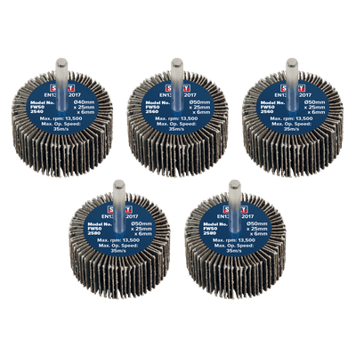 Sealey FW5025ASS 50 x 25mm Abrasive Flap Wheel with 6mm Shaft Assorted Grit - Pack of 5 - FW5025ASS - Sealey Tools UK - Trade Counter Direct