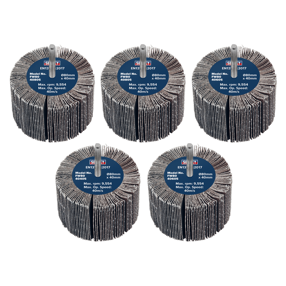 Sealey FW8040ASS 80 x 40mm Abrasive Flap Wheel 6mm Shaft Assorted Grit - Pack of 5 - FW8040ASS - Sealey Tools UK - Trade Counter Direct